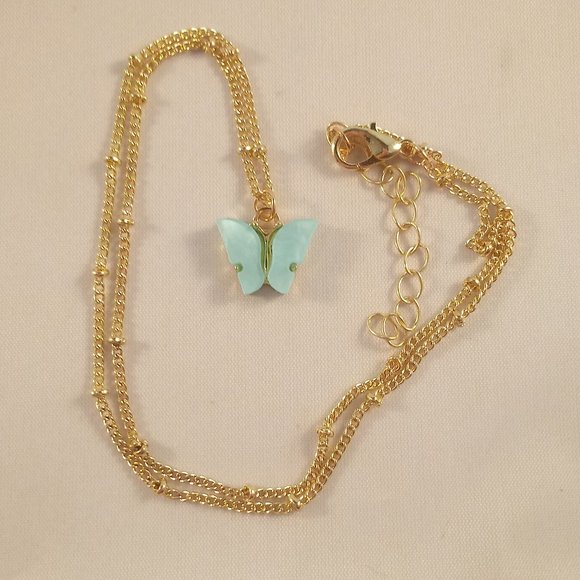 Gold Plated Blue Opal Resin Butterfly Pendant Chain Necklace 18" Party Gift - Picture 2 of 2